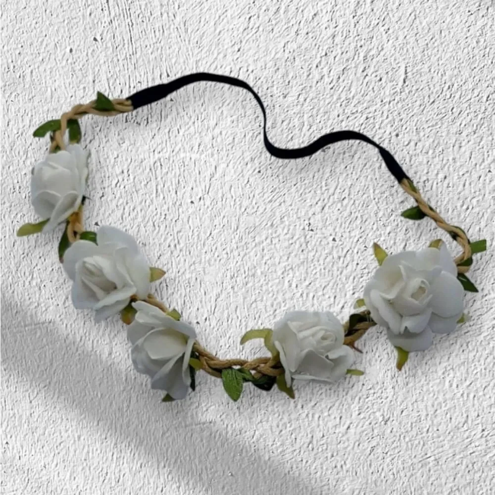 White Rose Halo Boho Fairy Rustic Wedding Flower Girl Bride Flower Headband